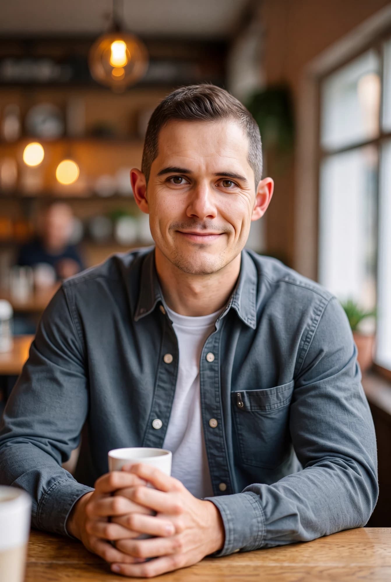 Nathan sits at a café table holding a coffee cup, smiling.