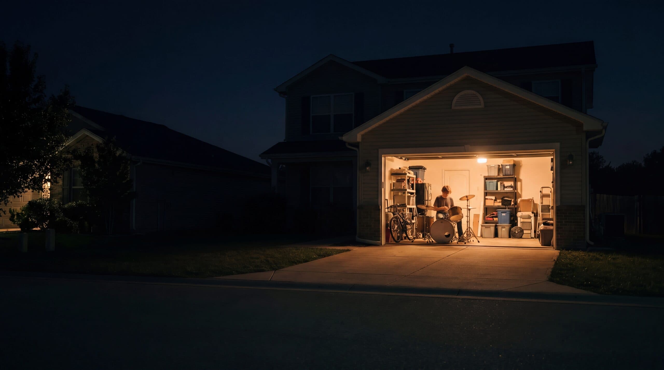 A house at night with a student playing drums in the lit garage.
