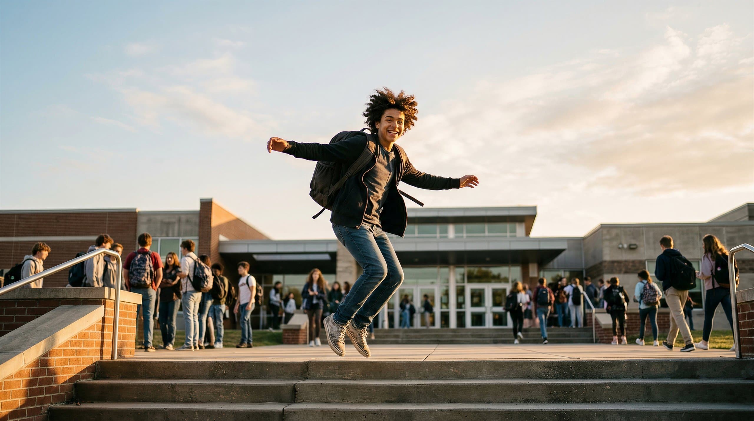 A student jumps from the steps outside a school at sunset, arms wide, with other students behind him.