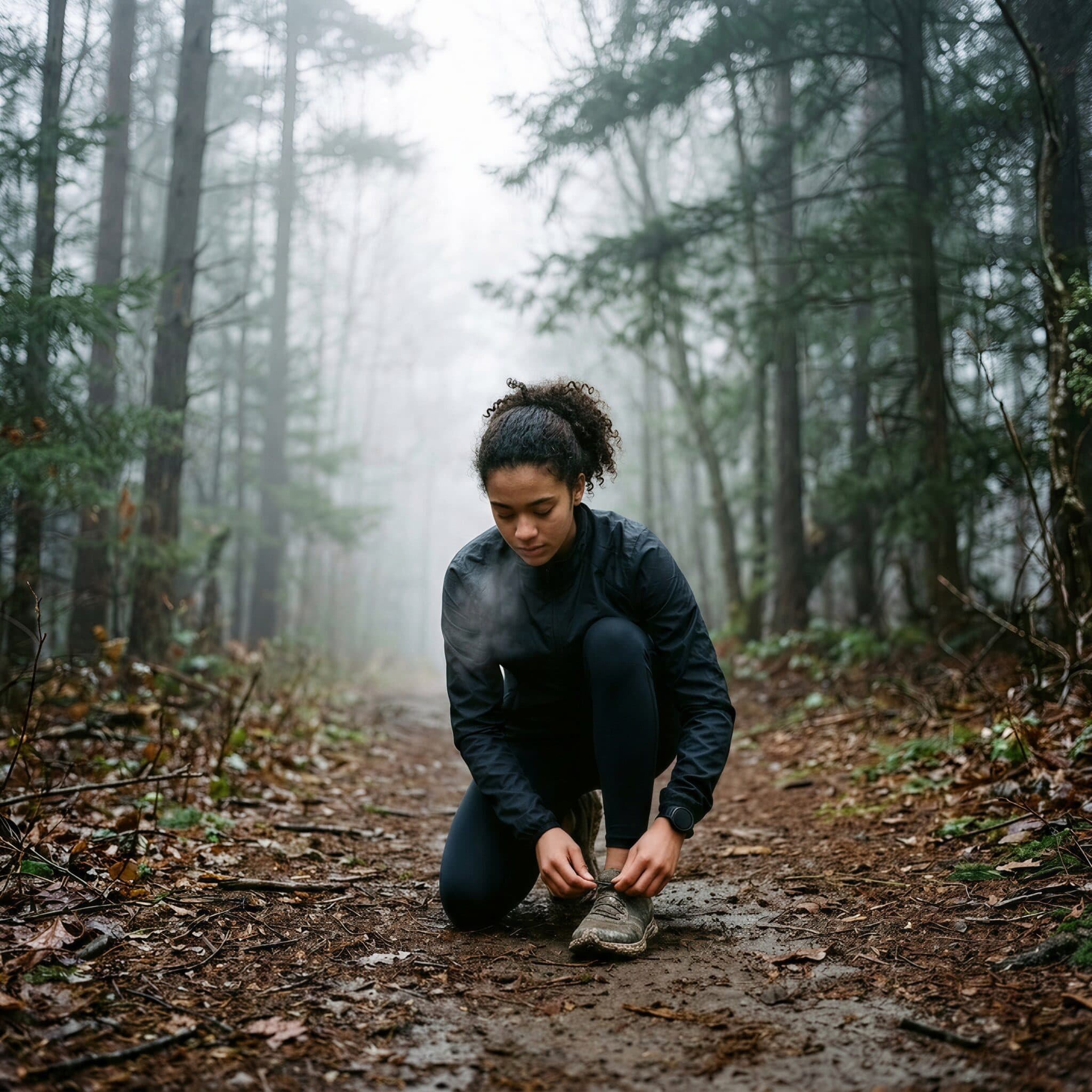 A student ties her running shoes on a misty forest trail.